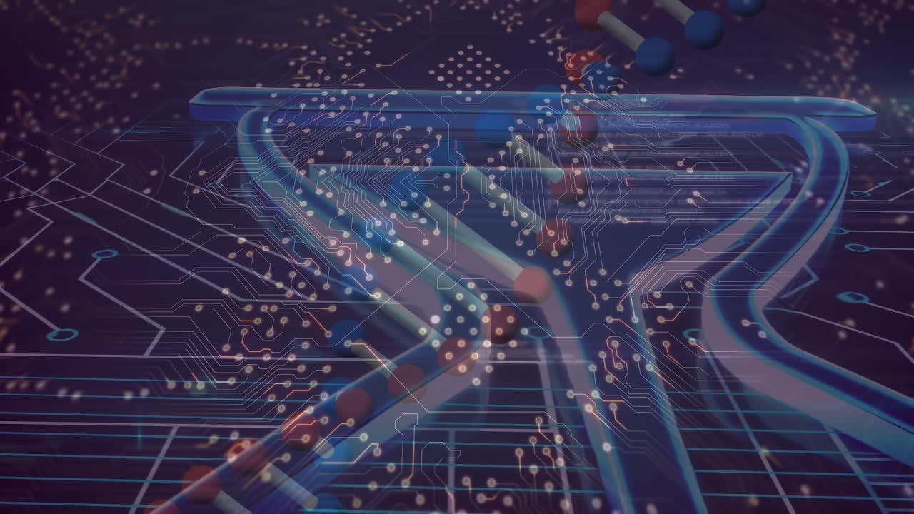 검은색 배경에 모래시계 아이콘과 dna 스트랜드가 있는 컴퓨터 회로판의 애니메이션