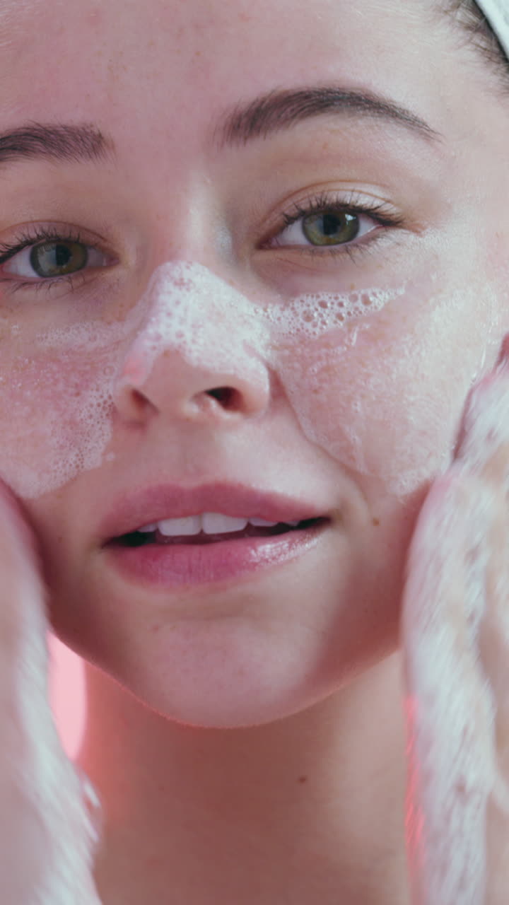 Close Up of Young Woman Washing Her Face with Foamy Cleanser