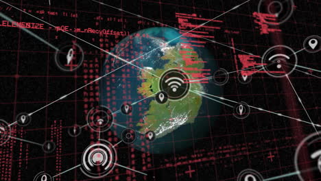 Animation-of-network-of-connections-with-icons-and-data-processing-over-globe-on-black-background