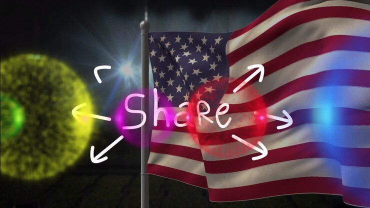 Animation of bubbles and share over flag of usa