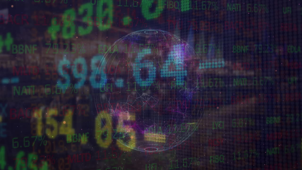 animación del procesamiento de datos financieros con el globo sobre el paisaje urbano