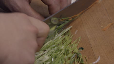 primer plano de un cocinero cortando cebolletas en la cocina de un restaurante