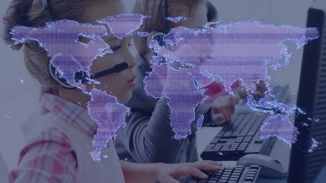 Left child typing and speaking into headset as class task starts, map hologram pulsing over screens