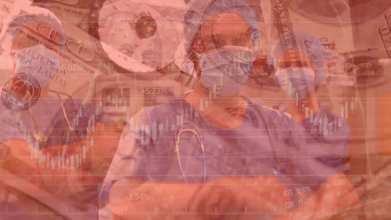 미국 달러 지폐와 얼굴 마스크를 입은 의사들에 대한 금융 데이터 처리 애니메이션