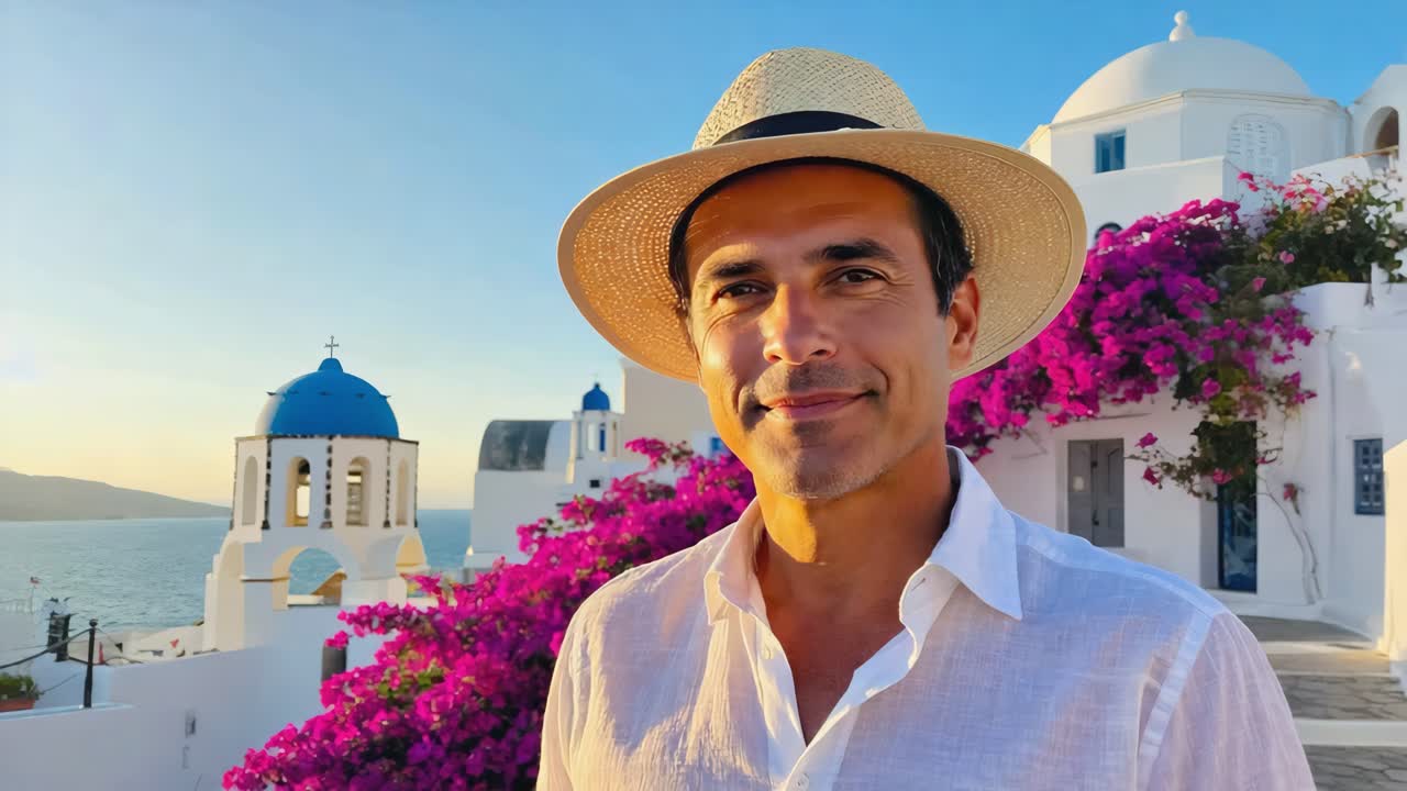 Happy mature man wearing straw hat enjoying summer vacation in a picturesque greek island village with white houses, blue domed church and purple bougainvillea flowers at sunset