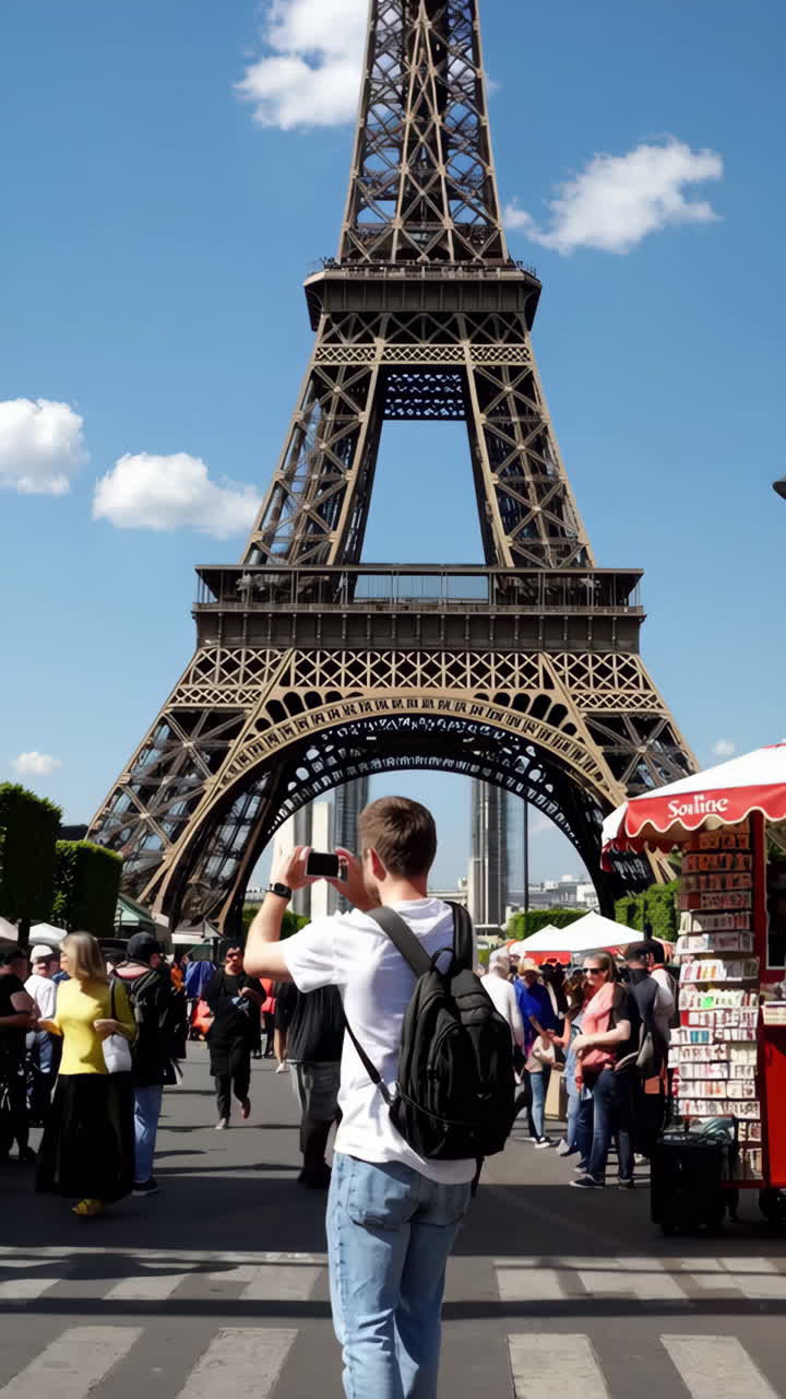 Turista che fotografa la Torre Eiffel a Parigi