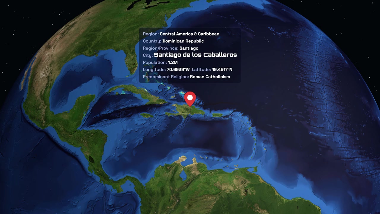 Planet Earth Rotating and Zooming to Santiago de los Caballeros, Dominican Republic
