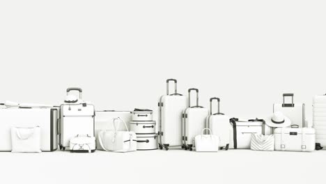 white luggage and vacation equipment on white background. monochrome suitcases travel minimal infinite concept.