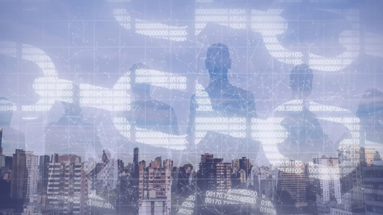 Animation of online security chains and people's silhouettes over cityscape background
