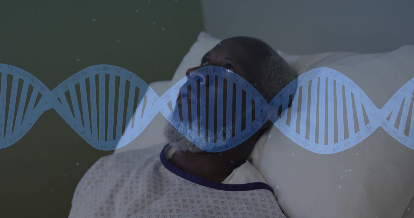 Senior male patient lying on pillow ward bed, DNA helix shifting across face causing eyes opening