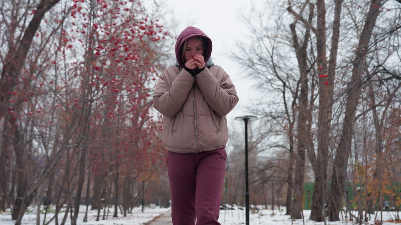 mujer joven vestida con ropa cálida de invierno camina a través de un parque nevado, sosteniendo sus manos cerca de su cara para el calor, árboles desnudos con bayas rojas, farolas distantes