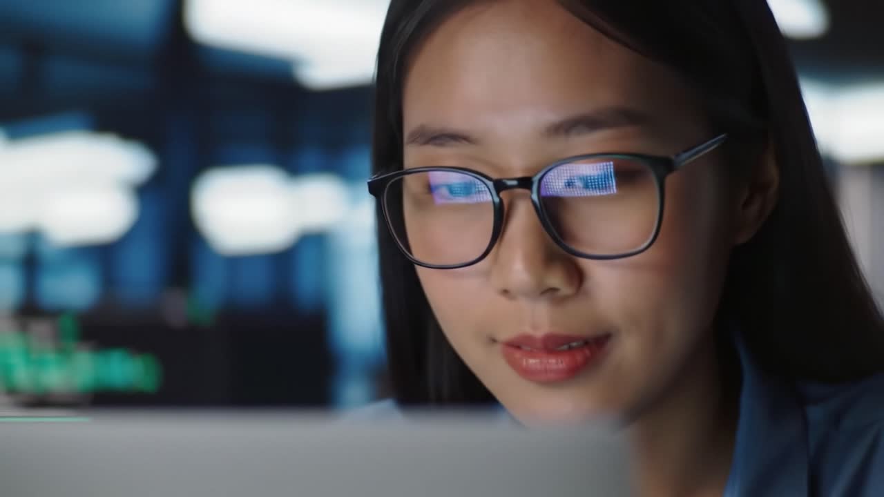 A young woman deeply engaged in her work, wearing stylish glasses, focused on her laptop screen in a modern, illuminated workspace, showcasing concentration and dedication.