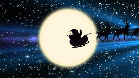 santa claus en trineo siendo tirado por renos contra estrellas brillantes una luna en el cielo nocturno