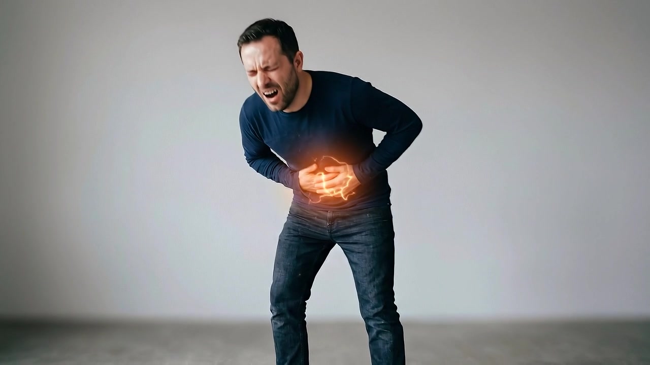 Uomo che si piega in avanti mentre si stringe l'addome luminoso su sfondo neutro.