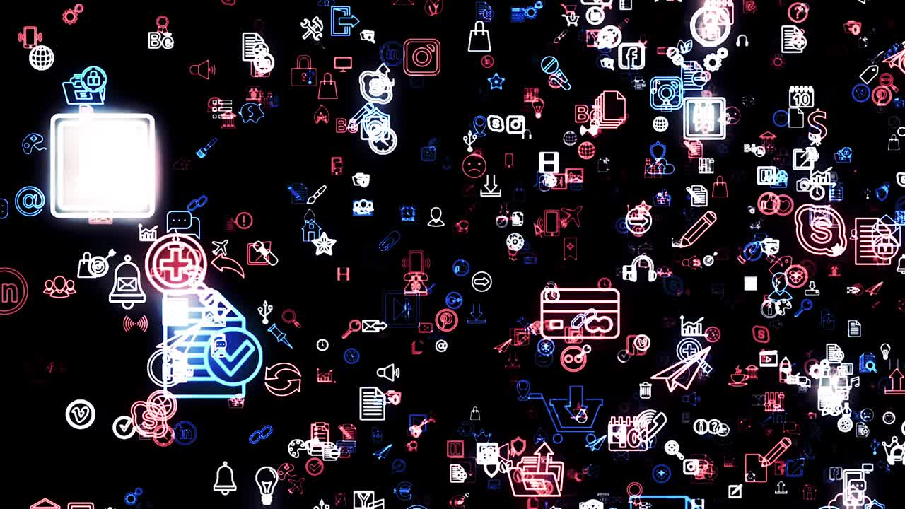 편집 사용만. 세계에서 가장 인기있는 소셜 미디어의 비행 배너. 애니메이션. 검은 바탕에 움직이는 3d 작은 로고, 원활한 루프.