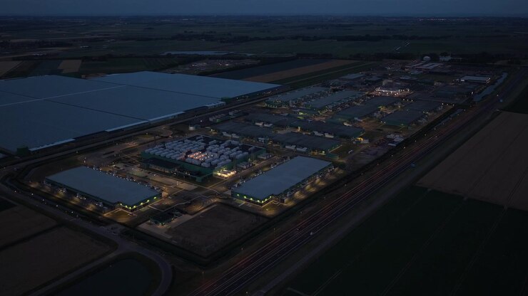 Hyperscale data center powering artificial intelligence at night