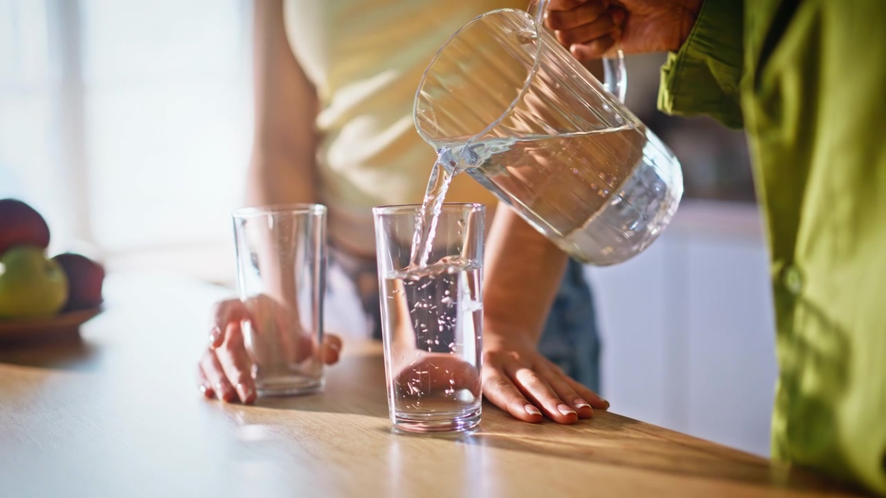 Nahaufnahme: Hände gießen Wasser in Gläser. Frau bereitet frisches Getränk in der Küche zu.