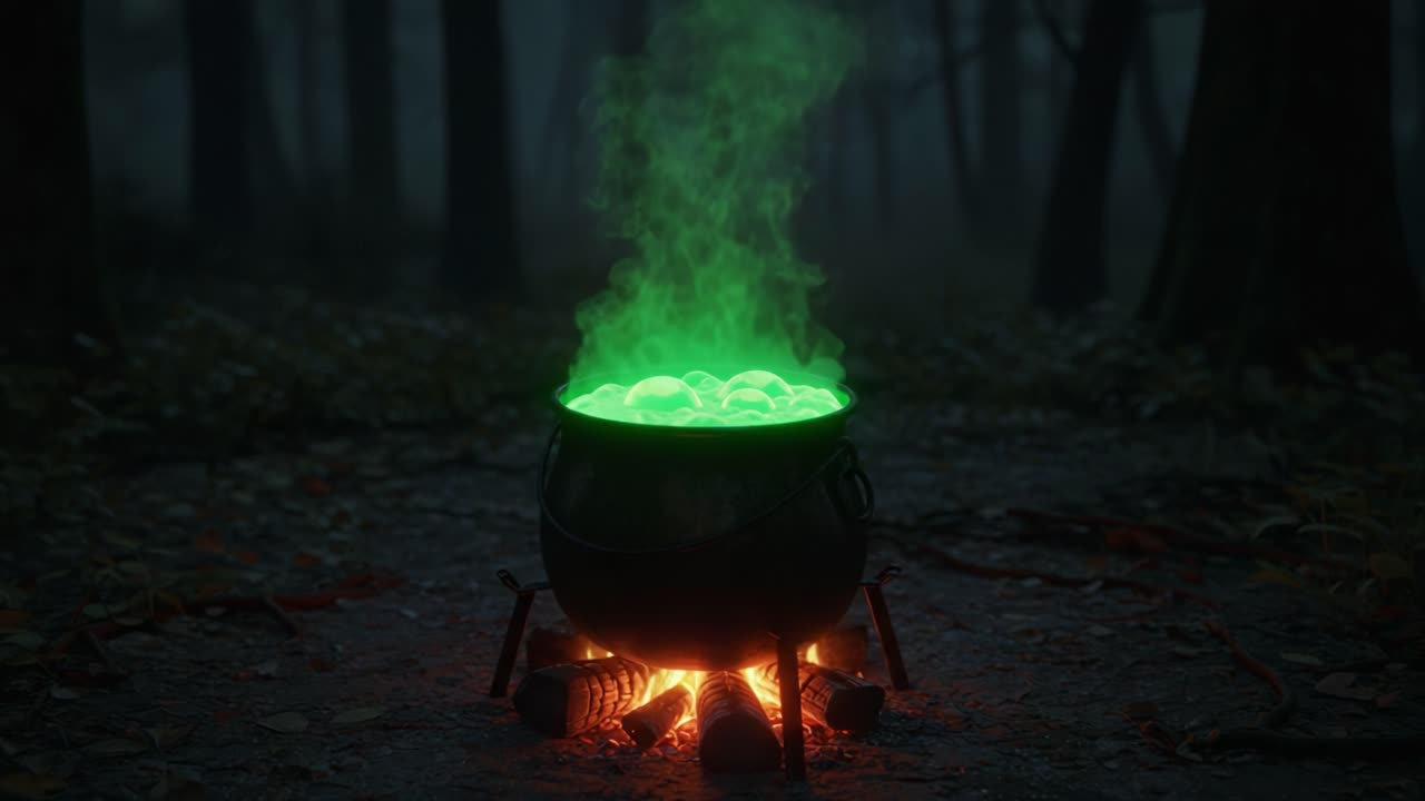 A Witch's Cauldron Brewing in a Dark Forest