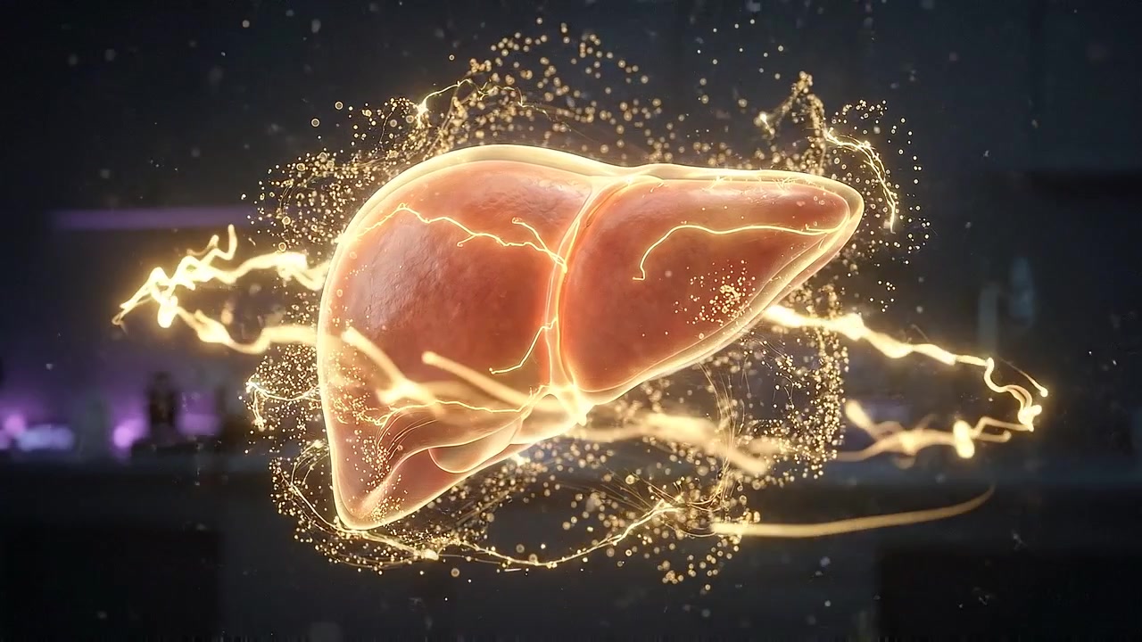 Glowing isolated liver surrounded by golden particles on dark in medical view
