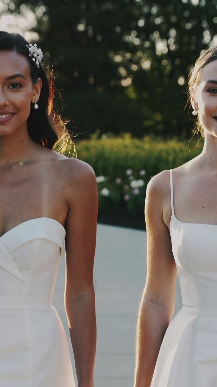 Vertical video: Smiling brides in white gowns catching sun flare, posing for wedding outdoors