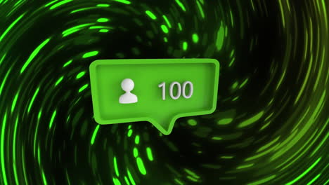 animación de las personas de las redes sociales icono y números en la burbuja de habla verde sobre el túnel de neón