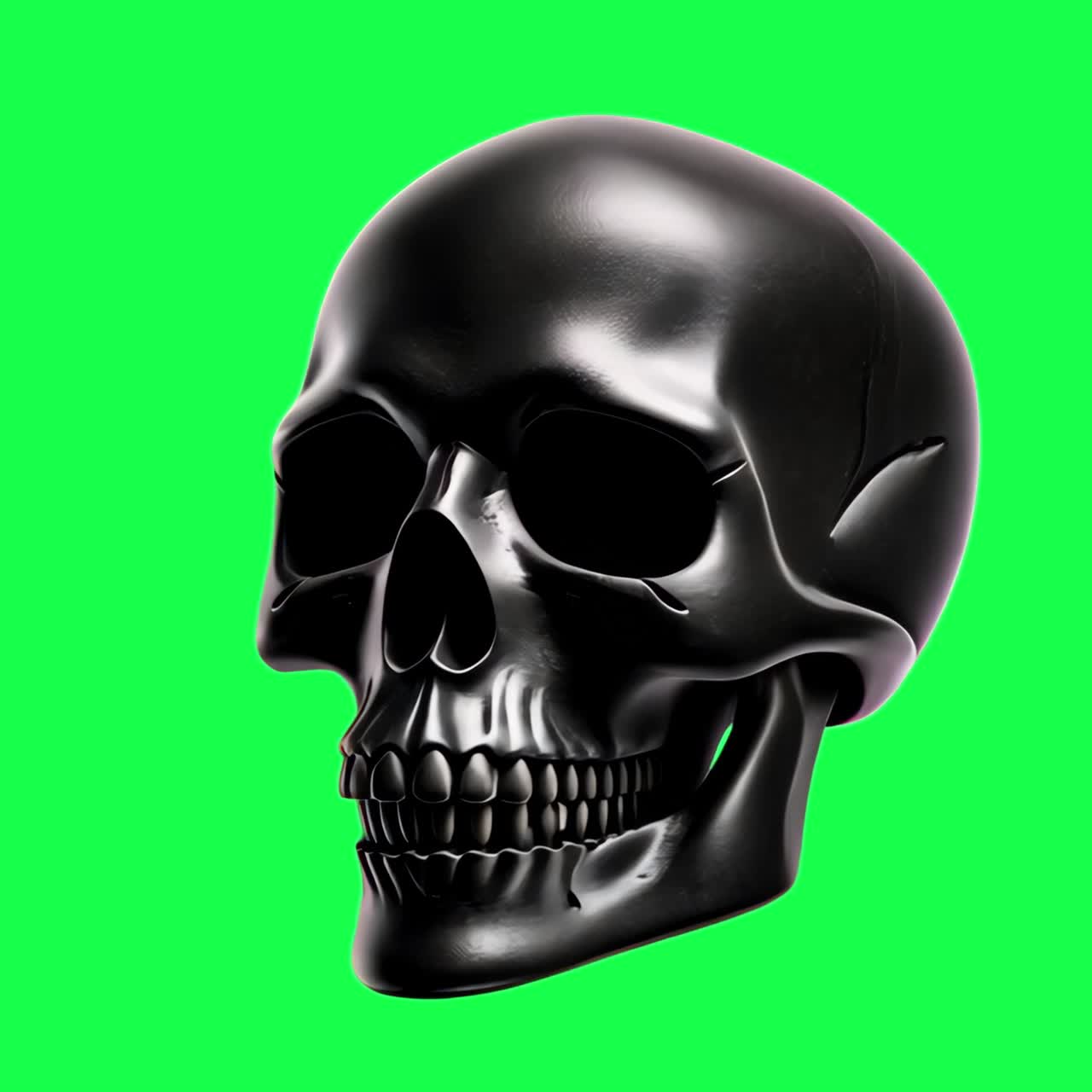 Glossy black skull animation, transparent 4K video, green screen