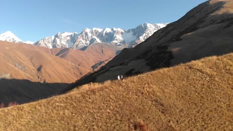 dos hombres con un grupo de perros de pie en una cresta de montaña dorada justo después de una caminata al amanecer