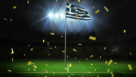 animation of falling confetti over waving flag of greece on pole in stadium against lights