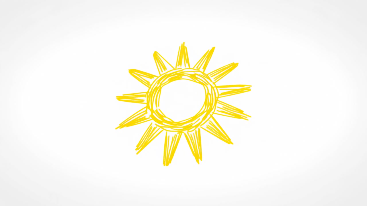 Frontal view of hand drawn yellow sun on clean white surface, showing circular scribbled center, twelve uneven rays, soft gray vignette, minimal playful design for summer weather concepts and decor