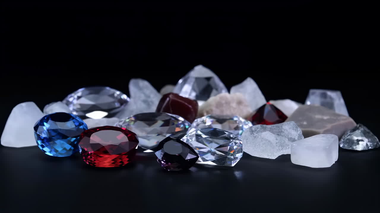 Sparkling Gemstones and Raw Crystals on a Dark Background