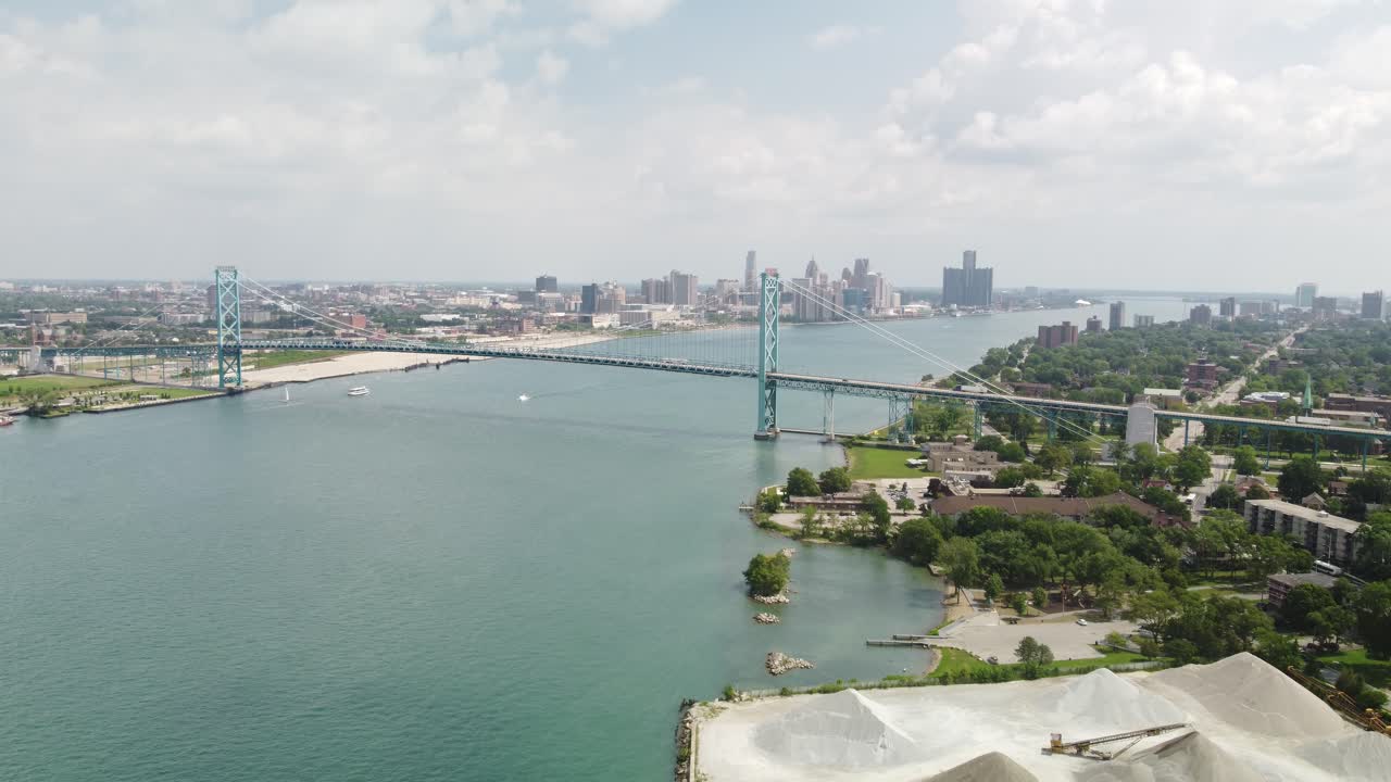 4K Static Aerial View of Cars Driving Across Ambassador Bridge, Windsor Ontario