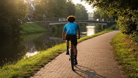 A person cycling along a canal path at sunset