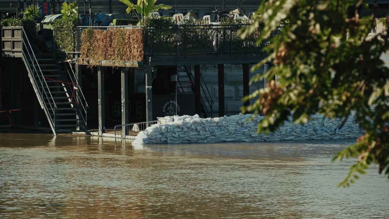 Flooded Restaurant Protected by Sandbags