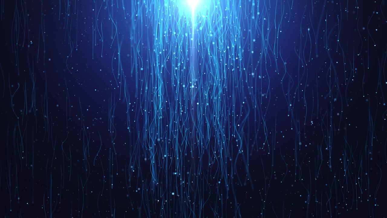 4K particles and sparkles meteor shower falls glowing trails black background in loop.