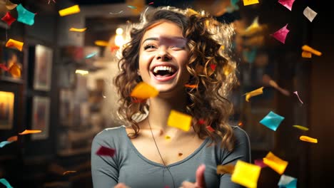 a woman celebrating joyfully amidst colorful confetti indoors at a party