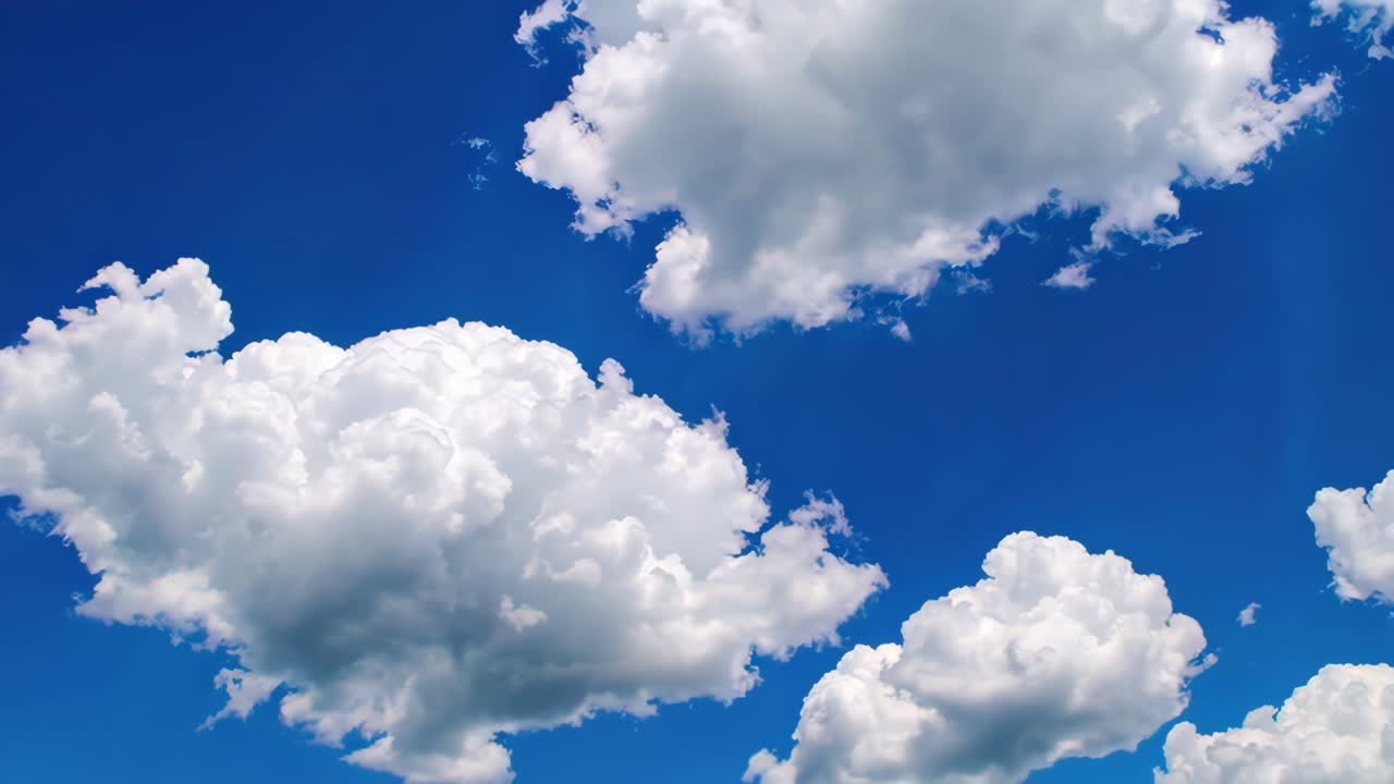 Video of fluffy white clouds drifting across a vibrant blue sky, capturing a serene and tranquil