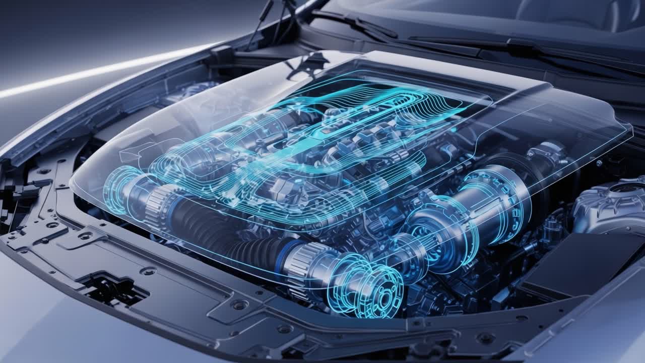 An Intricate Look at Advanced Engine Technology: A Sleek, Transparent 3D Visualization of a High-Performance Engine, Capturing the Mechanisms and Components at Work Beneath the Hood.
