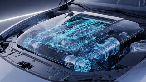 an intricate look at advanced engine technology: a sleek, transparent 3d visualization of a high-performance engine, capturing the mechanisms and components at work beneath the hood.