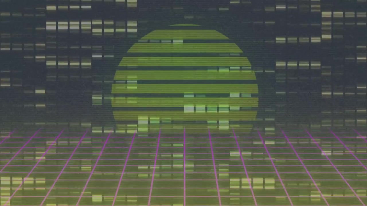 Griglia al neon che si estende, cerchio verde con linee di scansione ed elementi sfarfallanti che evocano uno stile retrò