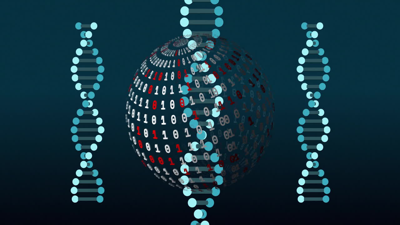 Animation of digital data processing over dna strands spinning and globe with binary coding