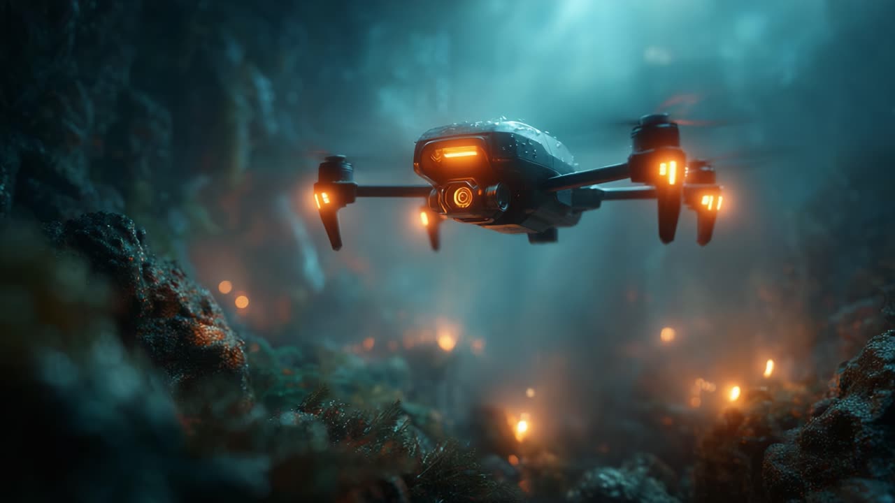 Exploring the Depths: A Futuristic Drone Gliding Through an Underwater Landscape Illuminated by Ambient Lights and Breathtaking Ocean Scenery