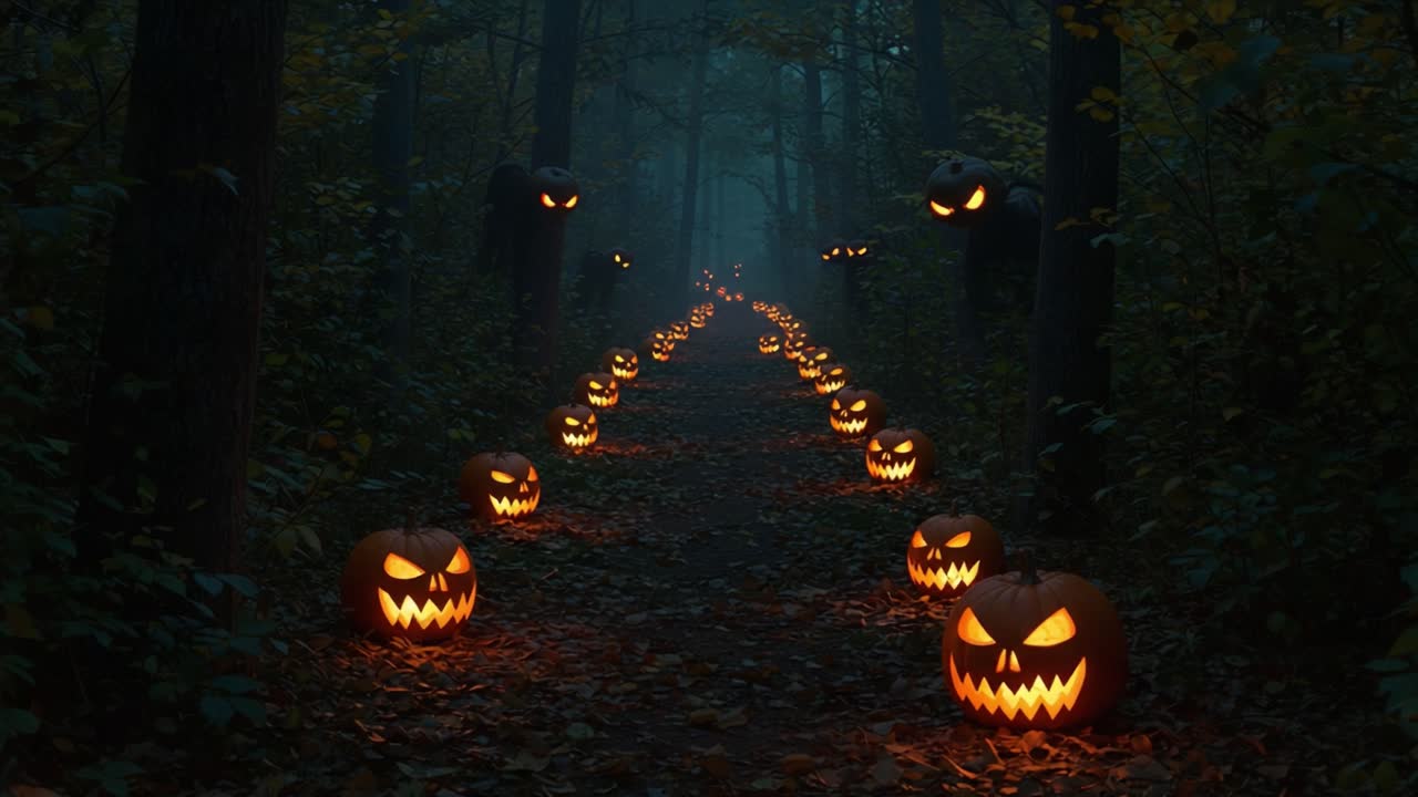 A Spooky Forest Path Illuminated by Menacing Jack-o'-Lanterns and Eerie Shadows, Perfectly Capturing the Haunting Essence of Halloween Nights