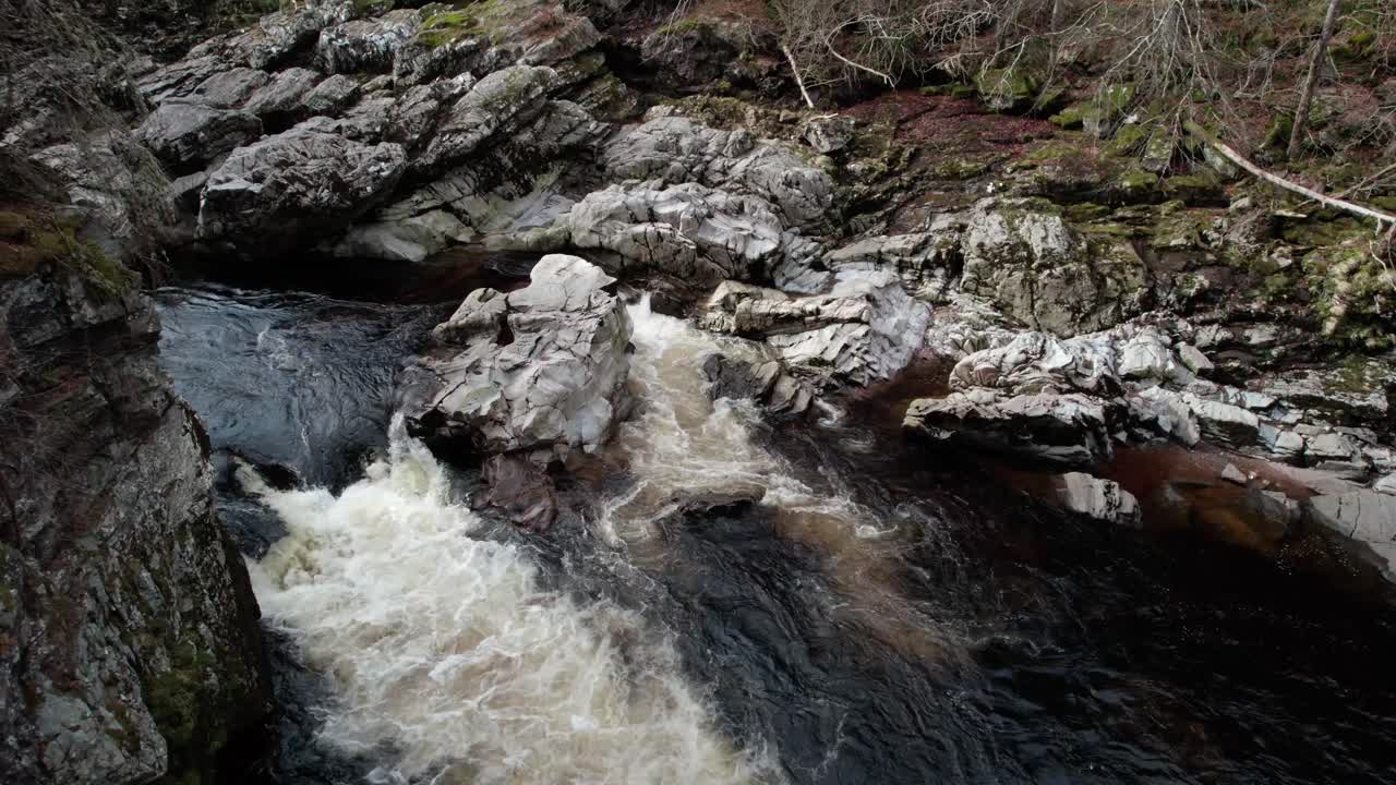Aerial View Of Randolph's Leap In The River Findhorn Valley Scotland With Cascading Water Flow