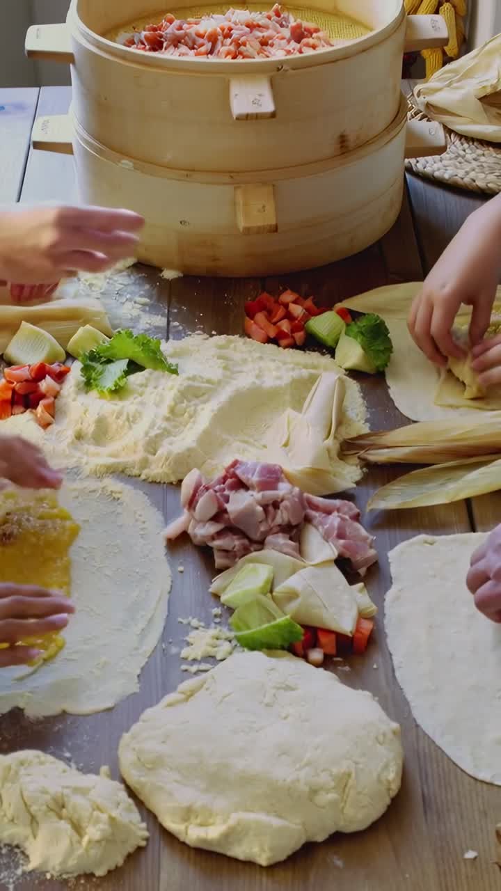 Vertical video: Flattening masa, cooks layering and wrapping tamales in kitchen near bamboo steamer