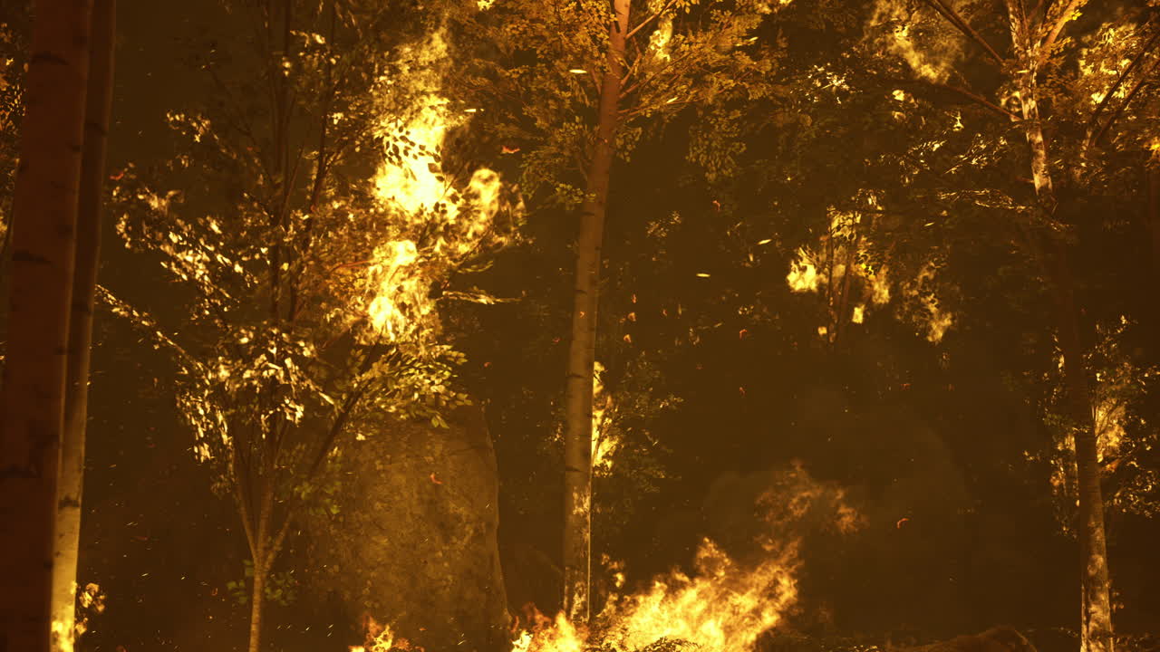 Flames engulf forest during wildfire in a thickly wooded area at dusk