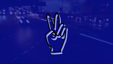 animación del icono de la mano sobre el paisaje urbano por la noche sobre fondo azul