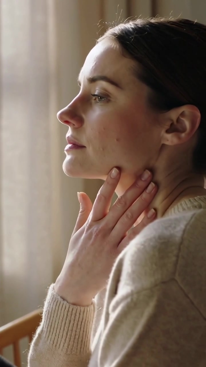 Video verticale: Luce soffusa che illumina una donna con un maglione color cammello che accarezza una tenda trasparente, sedia di legno.