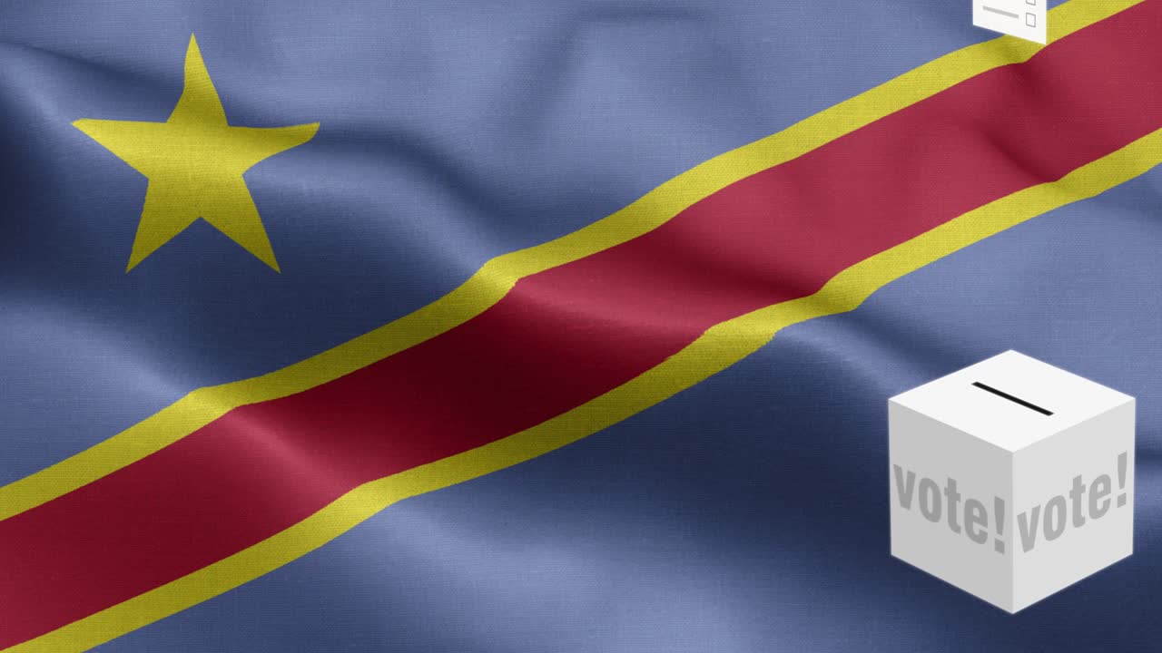 las papeletas de votación vuelan a la caja para la selección del congo - la caja de votación frente a la bandera - la elección - el voto - la bandera de la república del congo - el bandera de la república del congo de alto detalle - la bandera nacional de la república de congo patrón de ondas elementos en bucle - textura de tela y bucle sin fin - bandera vertical