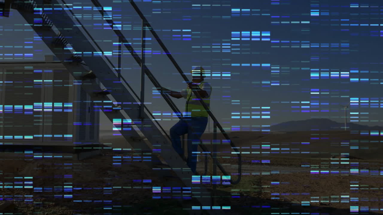 Construction worker climbing unit stairs on energy site, featuring wind turbine and glitch graphics
