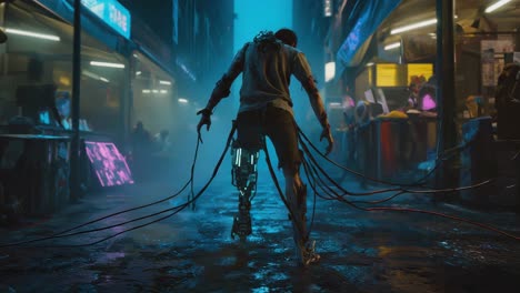 cyborg with cybernetic enhancements in a neon cyberpunk city